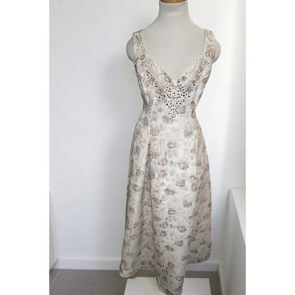 Aidan Mattox Gold Floral Brocade Beaded Midi Dress – Size 12 NWT Neiman Marcus - Picture 2 of 15